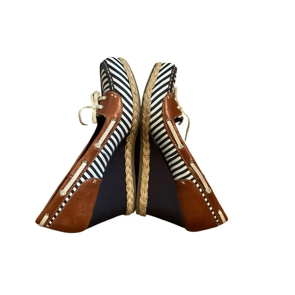 Dr. Scholl's Leather Espadrille Wedge Heels Blue‎ White Striped Size 9.5M NEW